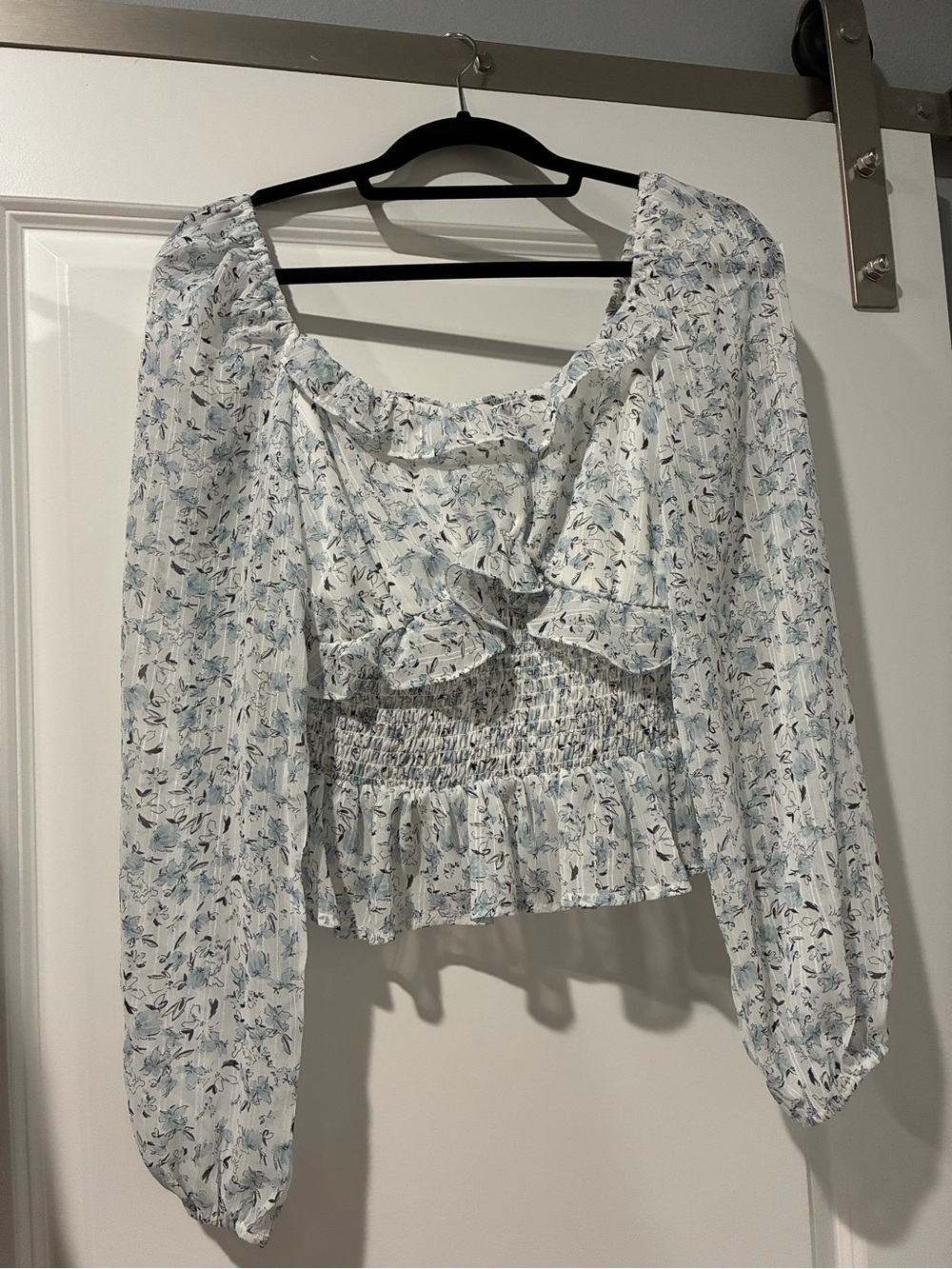 Blue Floral Smocked Long-Sleeve Crop Blouse